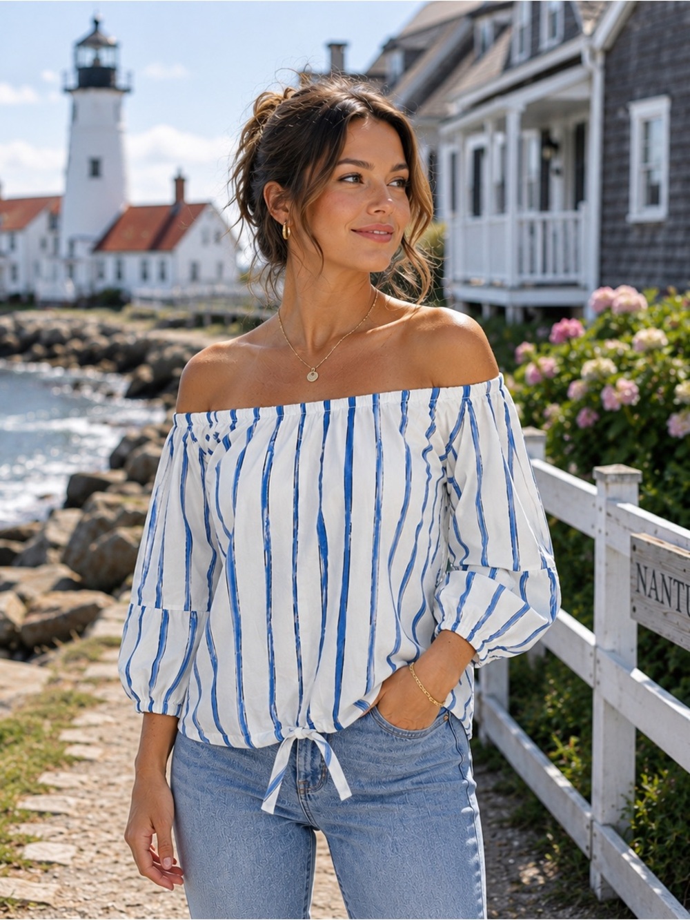 Kerri Rosenthal Blue Watercolor Stripe Off Shoulder Tie Top L